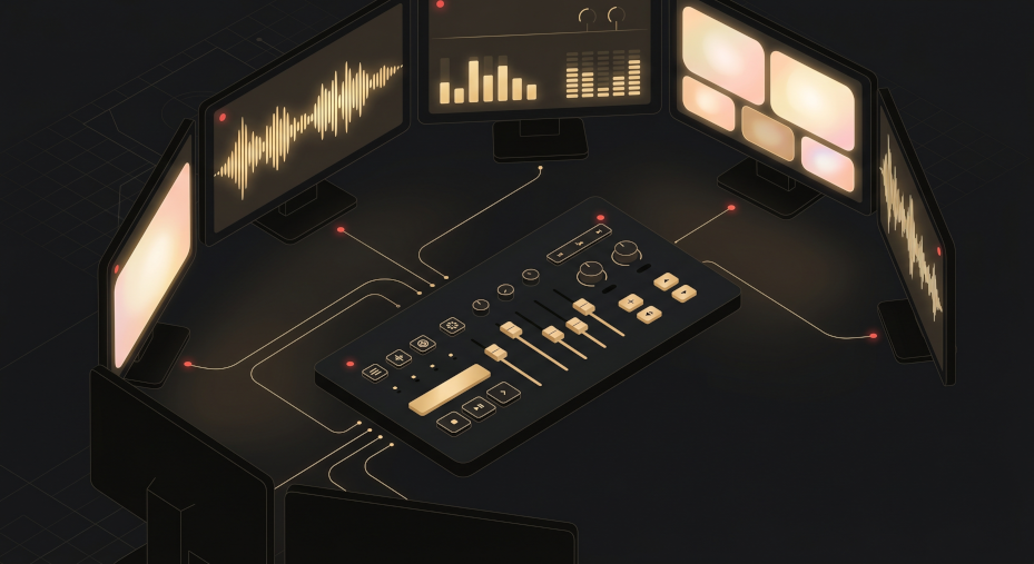 Interface de régie sombre et premium (vMix, formes d'onde, flux vidéo nets).